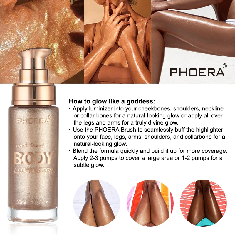 PHOERA Body Shimmer Luminizer Bronzer Highlighter Foundation Brighten Cream Liquid Setting Spray Natural Long Lasting | Красота и