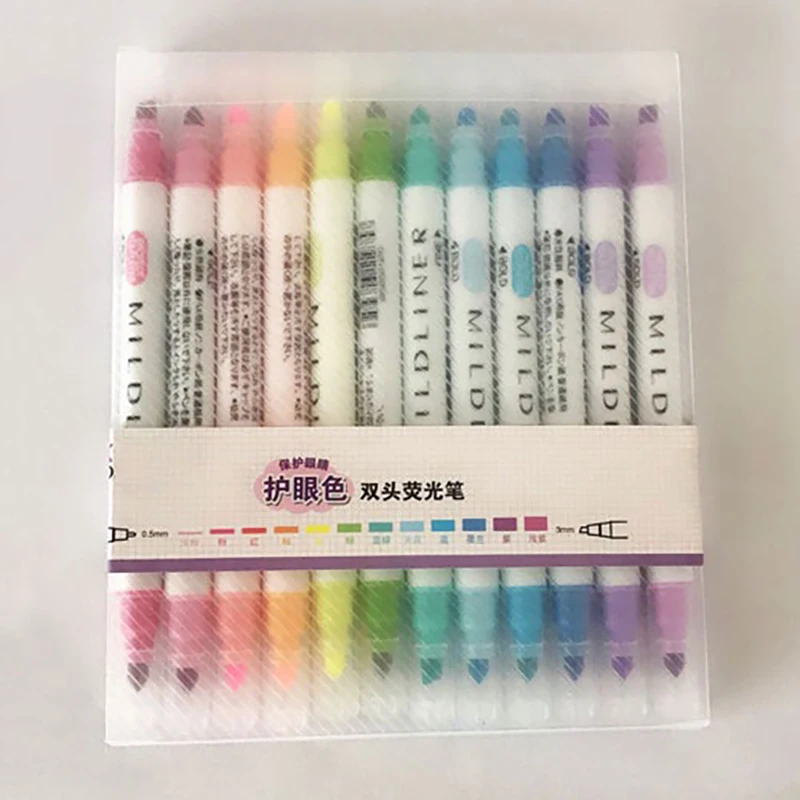 

12 Colors Mildliner Pen Set Double Headed Round Toe/Oblique Pastel Highlighter Pen Kawaii Japanese Stationery School Tool