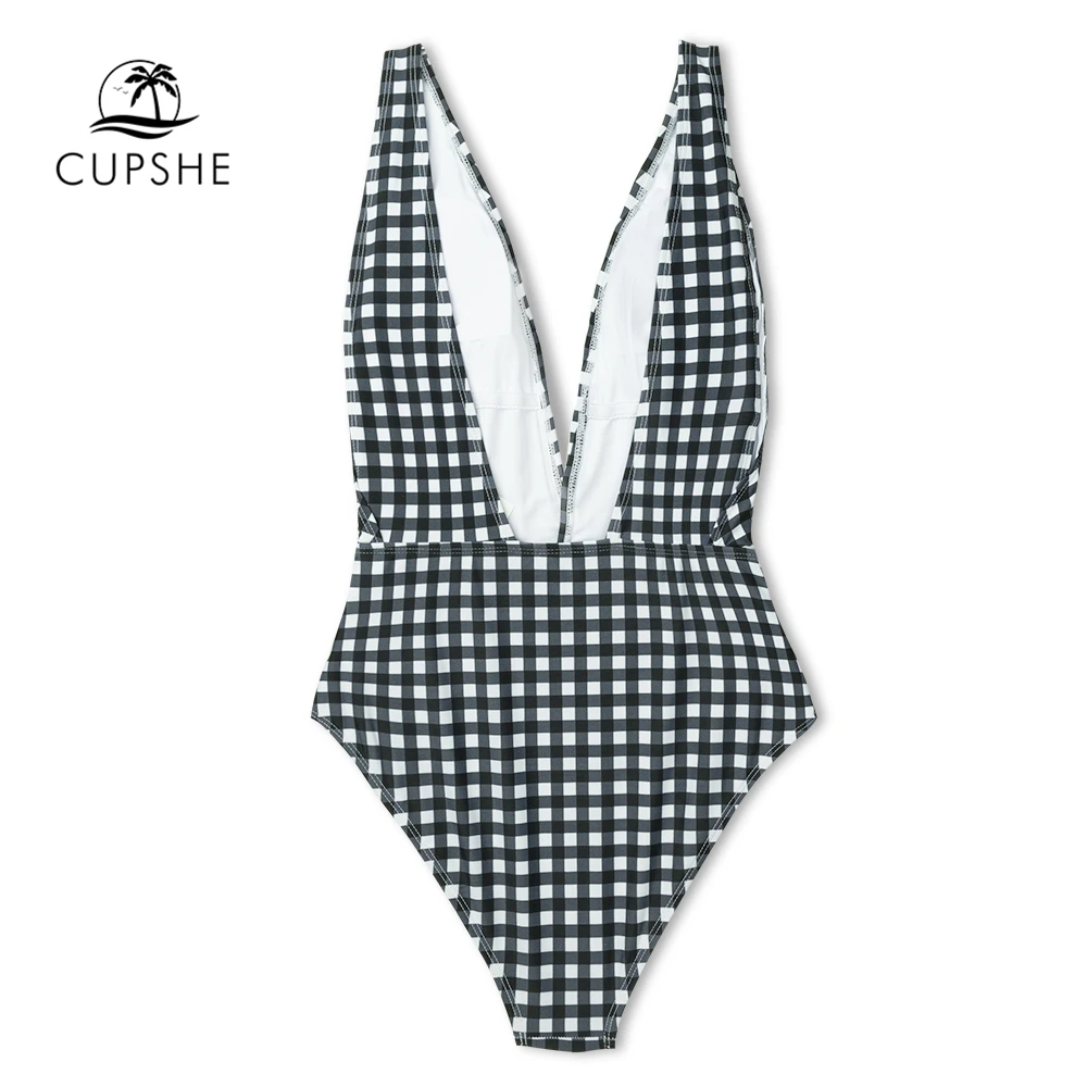 CUPSHE черный и белый клетчатый Цельный купальник женский сексуальный Монокини в