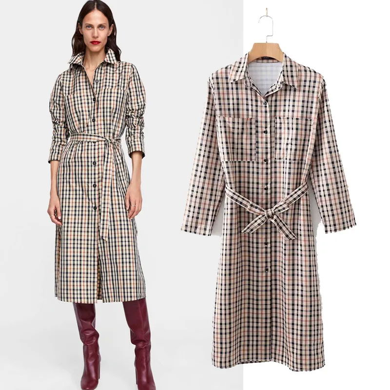 Для женщин Винтаж Plaid Midi мода платье галстук-бабочка пояса карманы Разделение с