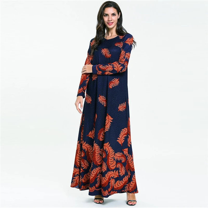 1PC Muslim Women's Dress Long-sleeved Fashion Print O-Neck England Style Middle Eastern Long Dropship Apr | Тематическая одежда