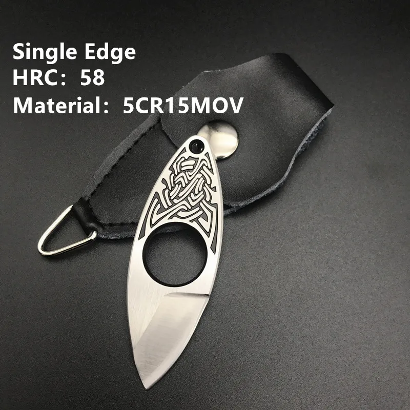 Single Edge D2 стальной шейный нож костяшки Открытый EDC инструмент фиксированное лезвие Тактический карманный нож брелок Nuckles с кожаной оболочкой - Цвет: Single Edge