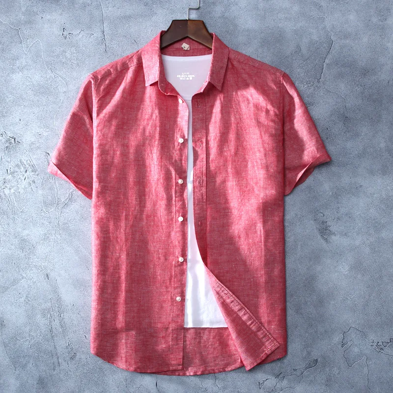 2019 Летняя женская однотонная льняная рубашка с коротким рукавом и отложным