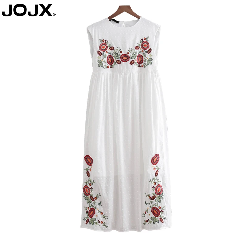 JOJX Белый рукавов boho длинное платье 2018 Винтаж цветочной вышивкой Повседневное