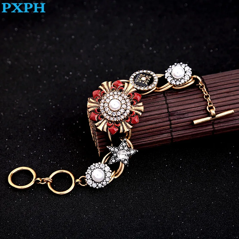 Винтаж Роскошные Имитация жемчуг Хрустальный цветок себе браслет для Для женщин