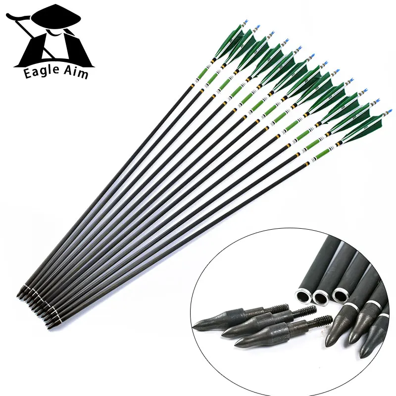 12x Hunting Carbon Arrows Bolts Turkey feather for 20-50lbs Longbow Recurve Bow Hunting Archery for 80cm Length