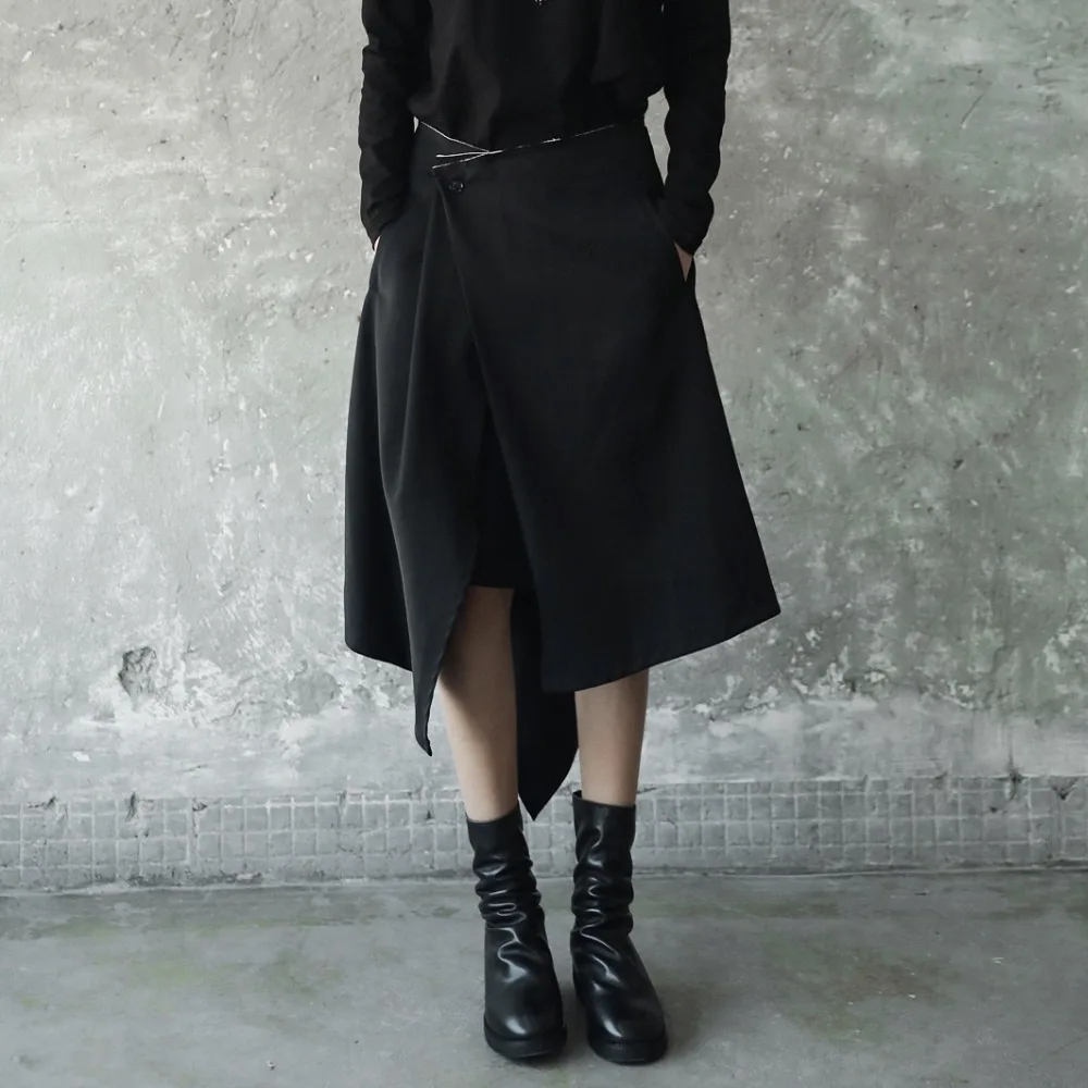 Cakucool Black Midi Skirt Summer Spring Asymmetric Design Skirts | Женская одежда