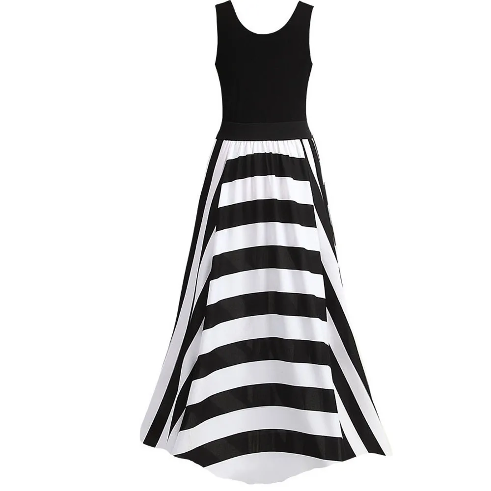 Женское летнее платье без рукавов в полоску длинное вечернее большого размера