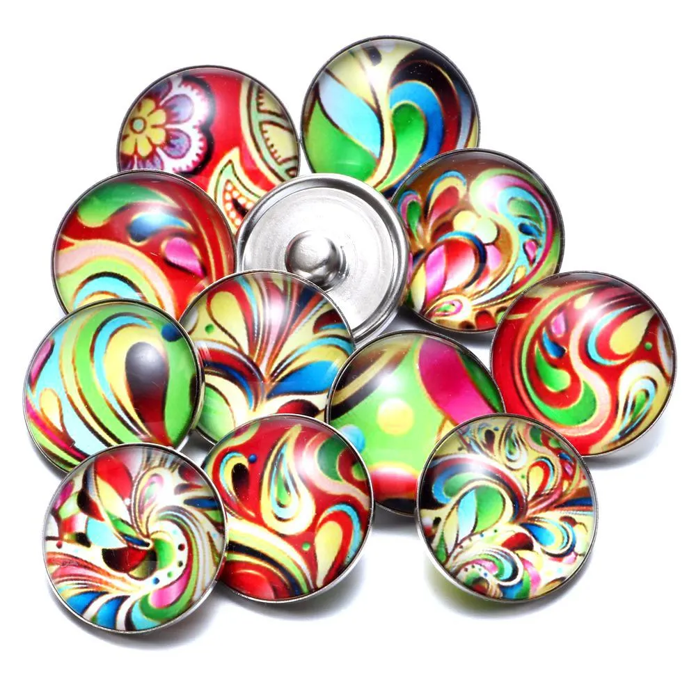 12pcs/lot Colorful Painting Themes Glass Charms 18mm Snap Button Jewelry For Snaps Bracelet KZ0670|18mm snap button jewelry|snap jewelrybutton