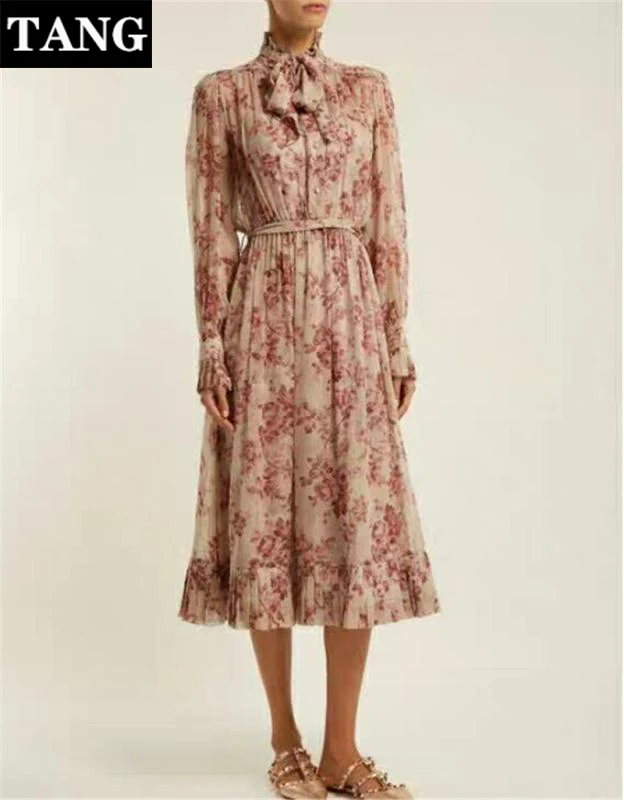 Tang 2019 роскошное Брендовое летнее красное платье с длинными рукавами высокого