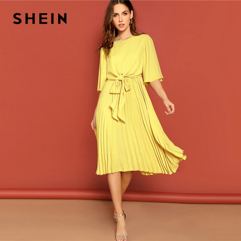 SHEIN Однотонное Платье С Оригинальным Рукавом И Узлом Женское Розовое Элегантное Платье С Средним Рукавом И Поясом