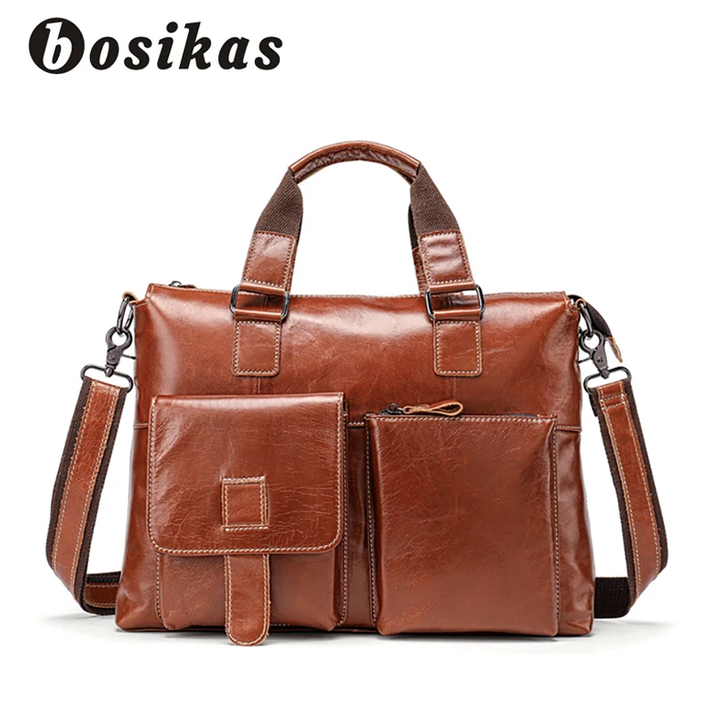 BOSIKAS Мужские портфели из натуральной кожи однотонные кожаные сумки мессенджеры
