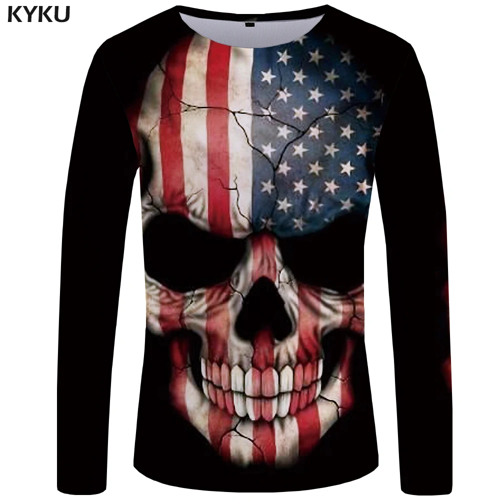 

KYKU Brand Skull T shirt Men Long sleeve shirt American Tee Rock Funny T shirts Punk Anime Rock Cool Mens Clothing Casual Man