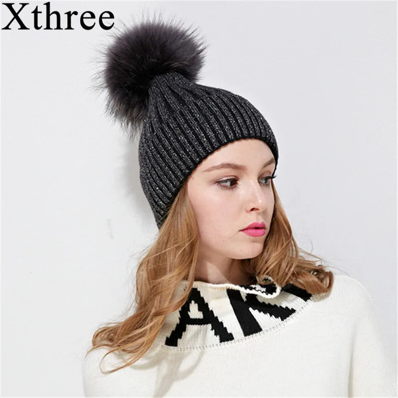 

[Xthree]fox fur pom poms knitted hat winter hat for women and girl beanie hat real brand new thick female wool cap