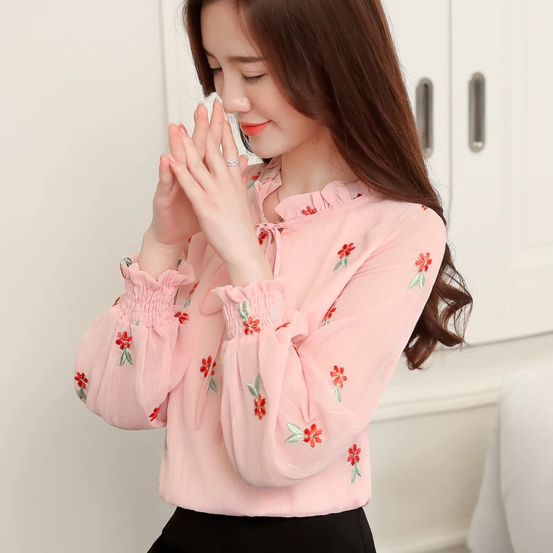 sweet floral embroidery chiffon blouse shirt fashion woman blouses 2019 long sleeve solid white pink top femlae blusa 0967 40 |