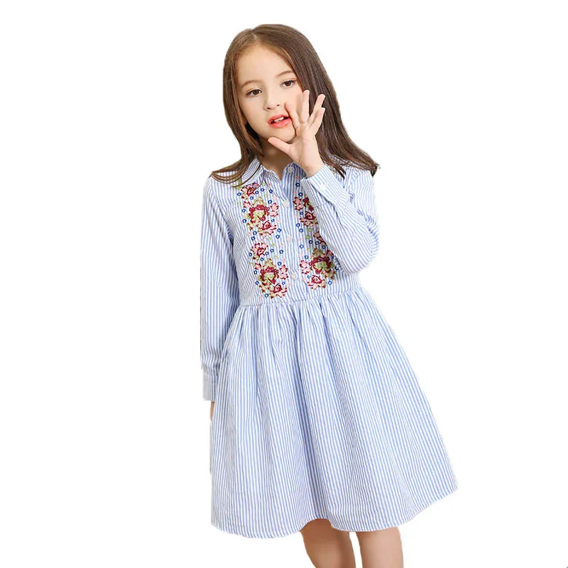 Платье для девочек хлопковое с цветочной вышивкой в полоску длинными рукавами