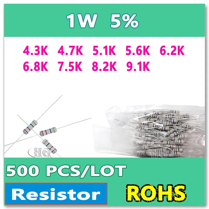

JASNPROSMA 500PCS/LOT 5% 1W 4.3K 4.7K 5.1K 5.6K 6.2K 6.8K 7.5K 8.2K 9.1K carbon film DIP OHM Resistor