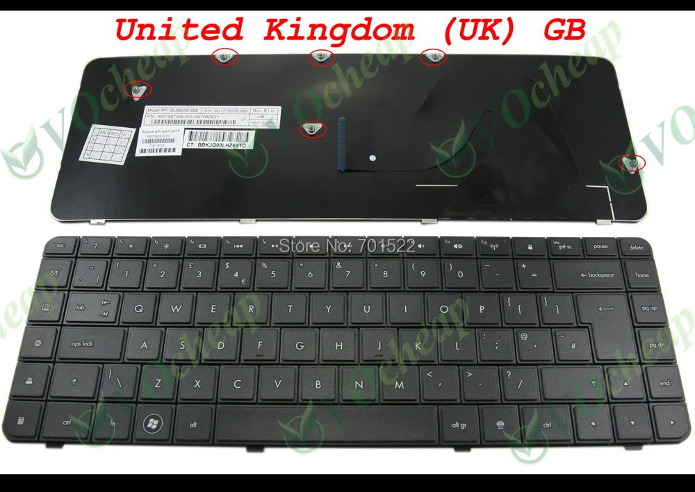 

New Notebook Laptop keyboard for HP Compaq Presario CQ62 CQ56 G62 G56 Black UK GB Version - 605922-031, MP-09J86GB-886