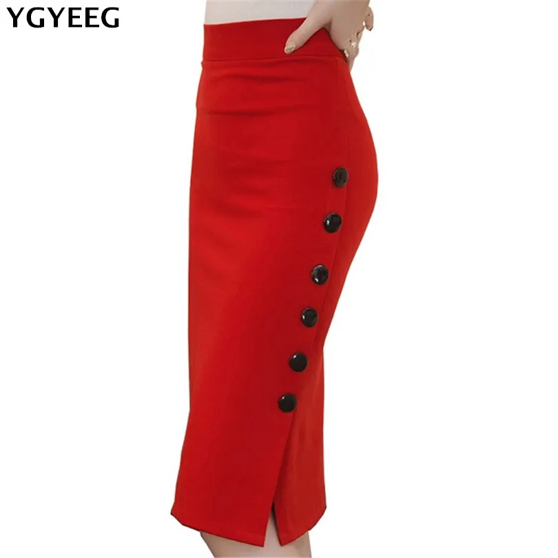 

YGYEEG Pure Color Middle Skirts Fashion Elegant Women Pencil Button Knee Length Side 6 Buttons Slim Sexy Open Slit Ladies Skirt