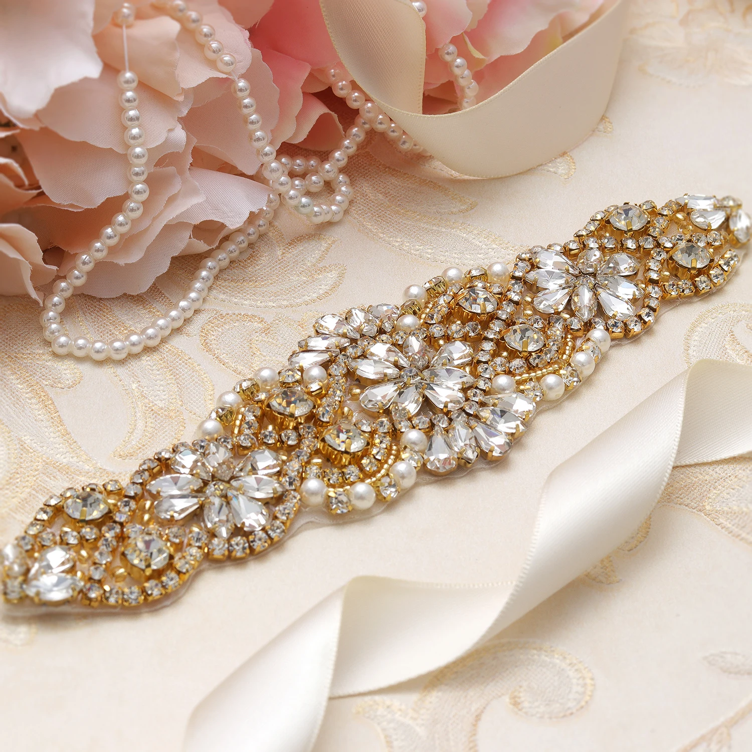 

MissRDress Diamond Wedding Belt Handmade Crystal Bridal Belt Gold Rhinestones Pearls Bridal Sash For Wedding Party Dresses JK837