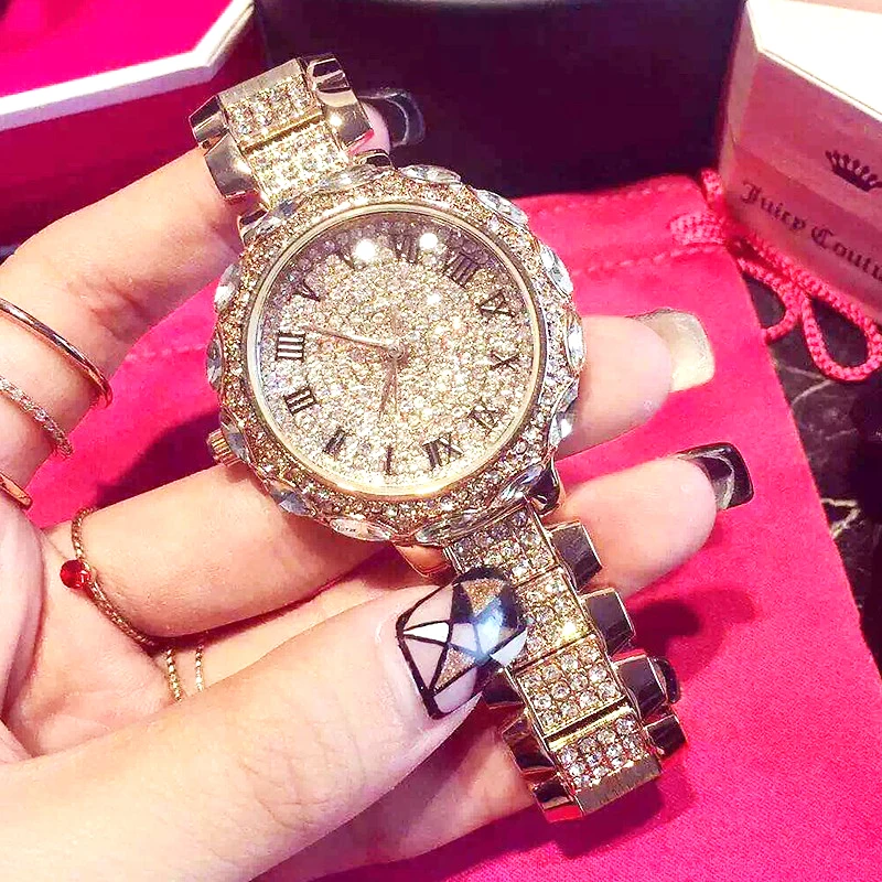 Ladies Watches full diamond stone Waterproof Large dial Roman Numerals Quartz wrist watch with diamond steel watchband