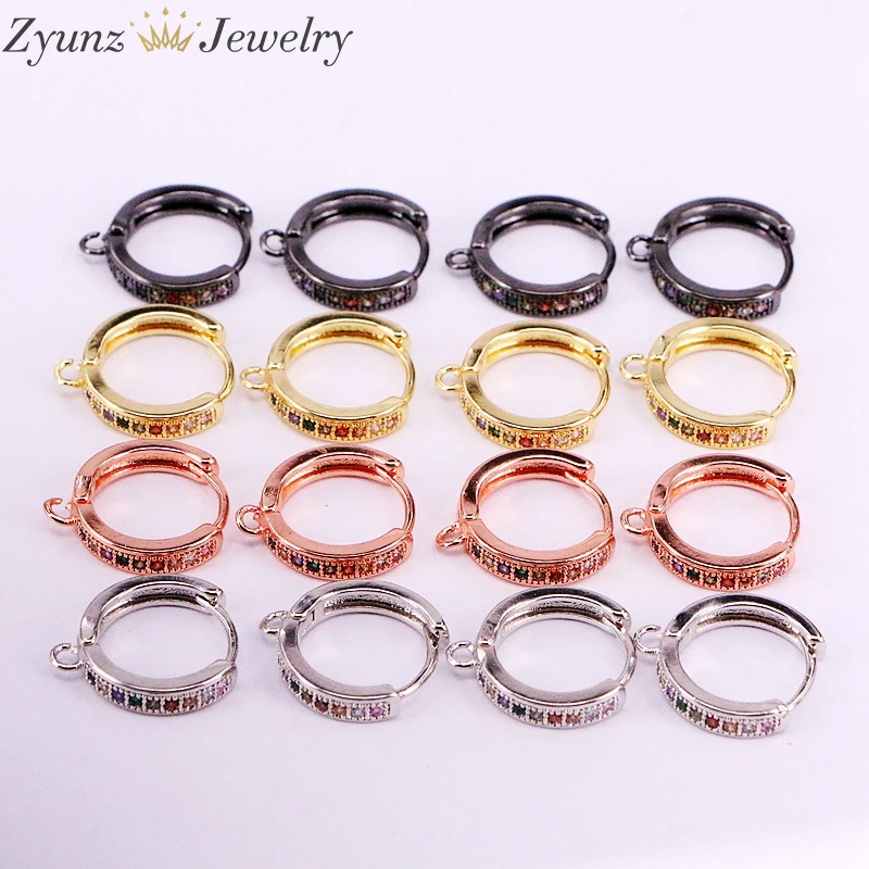 

10 Pairs,14mm, Micro Pave Colorful Cubic Zirconia CZ Earring Hooks For Jewelry Making Round Earrings Hoops, Earings Accessories