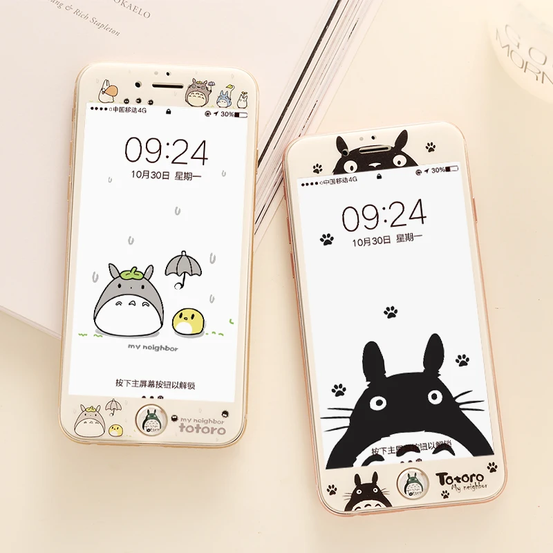 

New Totoro front film for iPhone 7/8 plus tempered glass with soft edge screen protector for iPhone 6 6s plus + button sticker