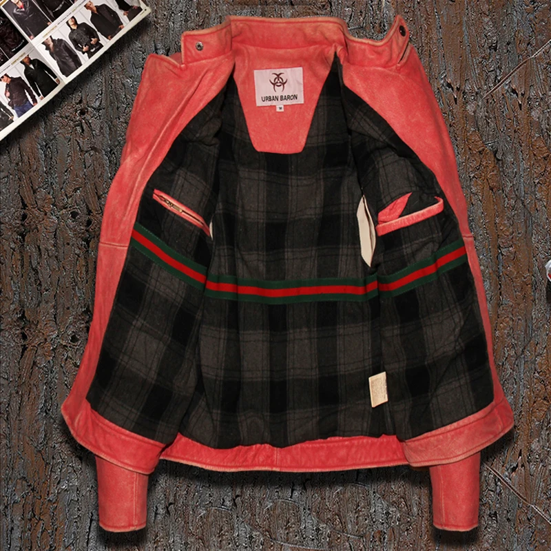 

Mens Short Slim Fitting Cowhide Genuine Leather Jackets Stand Collar Vintage Pink Overcoat Windbreaker Male Clothing Biker Coat
