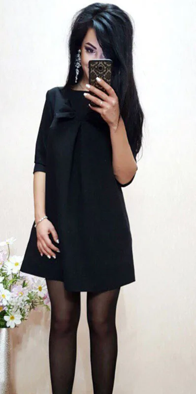 

casual a-line dresses woman spring autumn half sleeve o-neck bow solid black female dresses