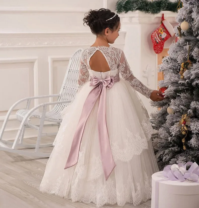 Милое кружевное платье с длинным рукавом и цветочным принтом для девочек 2016