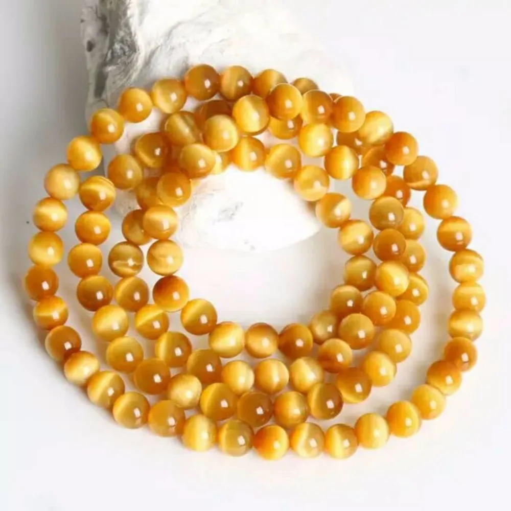 

Top Natural Gold Tiger's Eye Bracelet Jewelry For Women Lady Men Wealth Gift Crystal Three Laps Round Beads Stone AAAAA 6mm 8mm