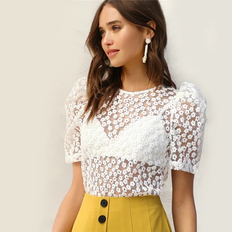 Dotfashion белый узел сзади с пышными рукавами Цветочная вышивка с сеткой женские летние топы летние сексуальные с коротким рукавом корейские блузки