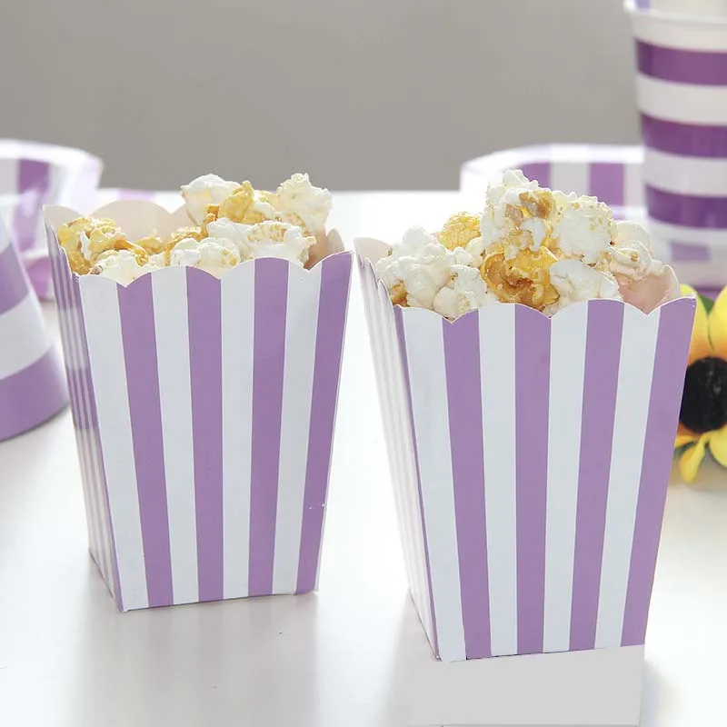 Popcorn box 12pcs Вечерние фиолетовые одноразовые столовые приборы в полоску, набор, стакан, салфетка, вилка, солома, вечерние день рождения, детский душ, товары для свадебного декора - Цвет: Popcorn box 12pcs