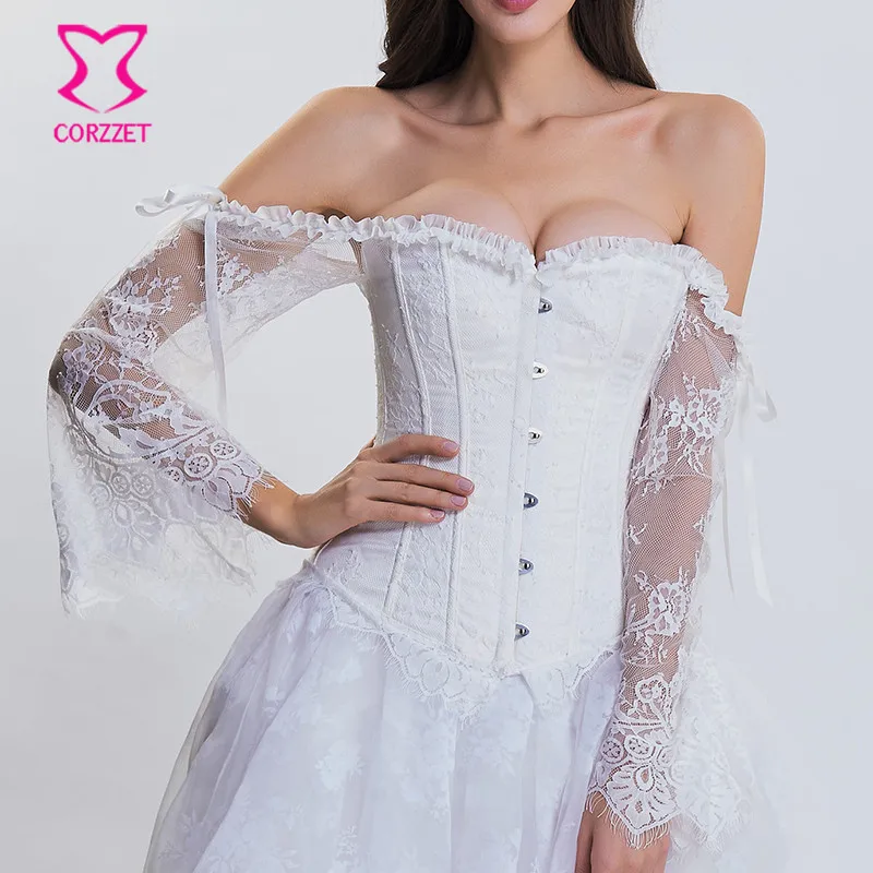 Белый кружевной корсет в стиле стимпанк прозрачный с открытыми плечами и