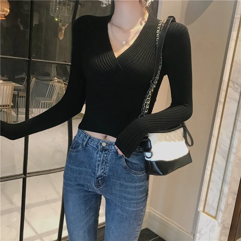 Deep V Neck Sexy Women Crop Sweater And Pullover Autumn 2018 New Long Sleeve Slim Knitted Black Khaki Top Femme | Женская одежда
