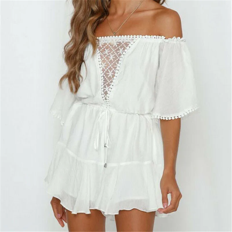 

Womens Boho Jumpsuit 2019 White Lace Patchwork Playsuit Romper Summer Bodycon Party Off-shoulder Beach Holiday Jumpsuit Shorts