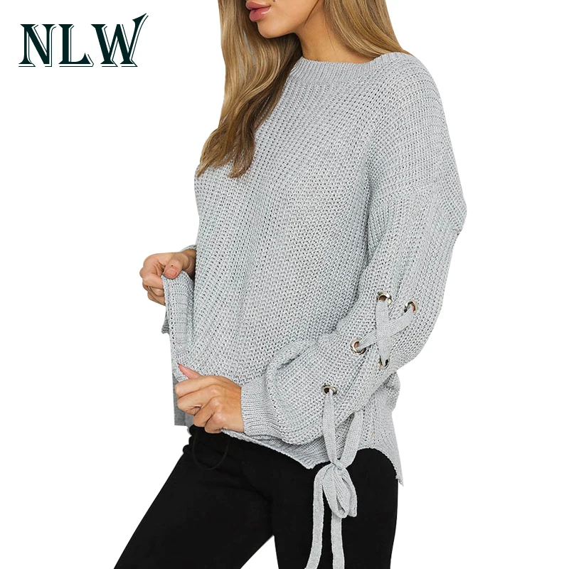 NLW Lace Up Long Sleeve Grey Women Sweaters O Neck Knitted Pullovers Casual Black Jumpers 2017 Autumn Winter Warm Sweater Jumper | Женская