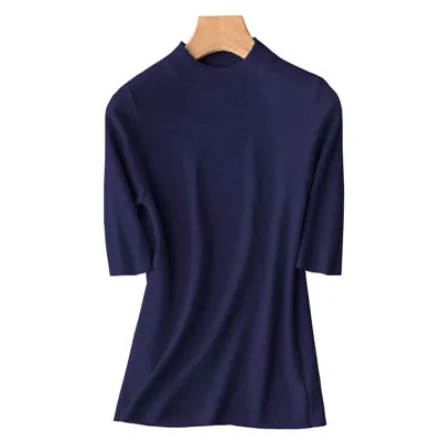 Navy Blue Женский свитер с воротником-стойкой GCAROL, яркий эластичный вязаный пуловер из 30%-ной шерсти с полурукавами в офисном стиле на осень, весну и зиму - Цвет: Navy Blue