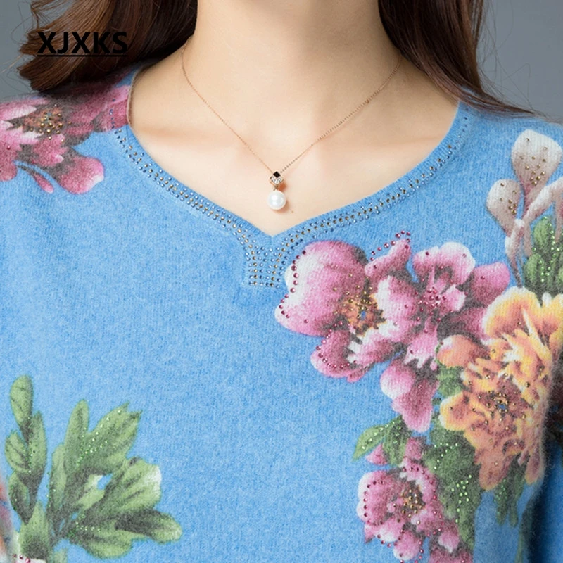 XJXKS Best Quality Cashmere Sweater Print Flower Women Pullover Sweaters Plus Size Winter Clothes Knitted Jumper | Женская одежда