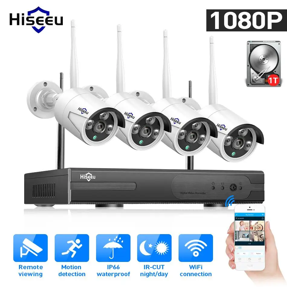 Hiseeu 4CH Беспроводная CCTV система 1080P 4 шт. 2MP NVR IP IR-CUT наружная камера безопасности