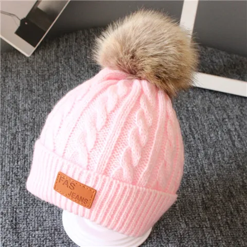 pink Puseky/Зимние шапки для детей; вязаная шапочка; детская шапка; коллекция года; детские меховые шапки с помпонами для девочек и мальчиков; теплая шапка со съемным помпоном - Цвет: pink