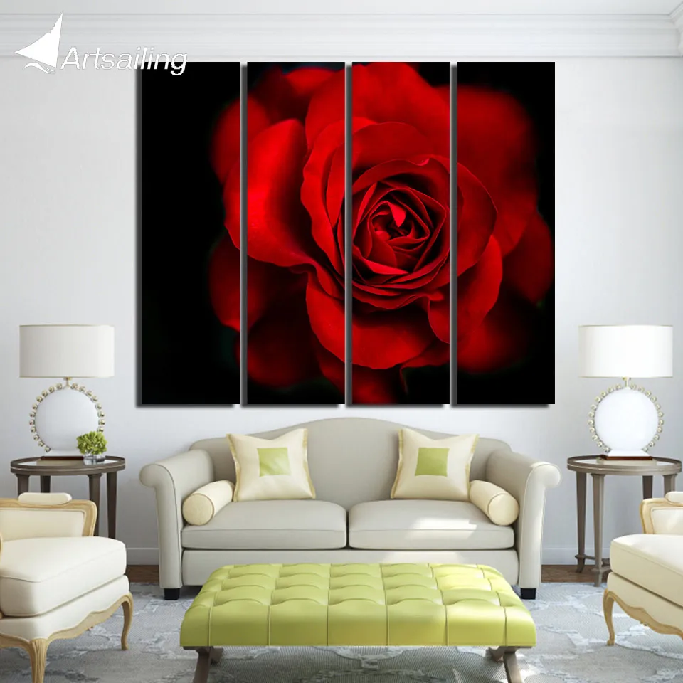 

4 piece canvas painting flower red rose red black wall decorations living room artwork large art prints up-1357D