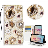 for iphone 12 mini 11 pro xs max xr x 8 7 6s plus se bling pearl diamond flower handbag card slot flip wallet leather case cover