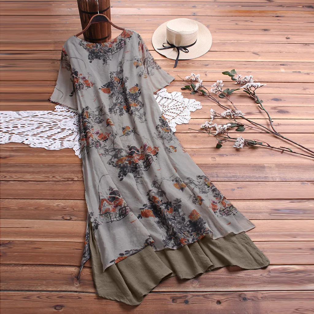 MISSOMO Женщины Boho платье Vintage печати Лоскутное с коротким рукавом O образным вырезом