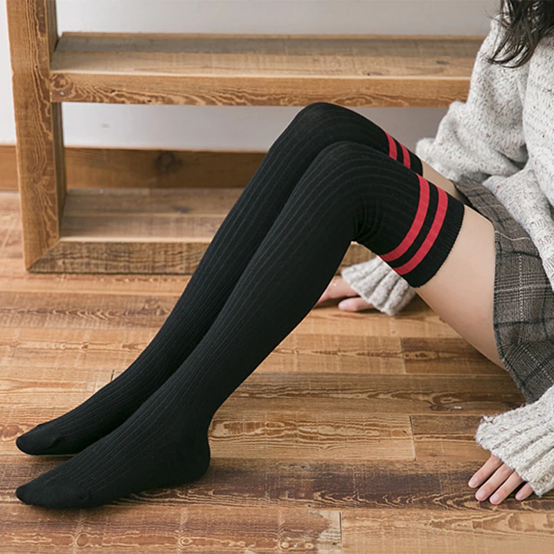 

Morematch 1 Pair Women Warm Long Stocking Striped Knee Socks Thigh High Over The Knee Cotton Stockings 7 Colors Optional