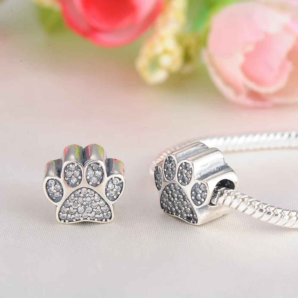 Suplush 925 Sterling Silver Clear Cubic Zirconia Paw Prints Animal Charm Fit Original Pandora Bracelet Jewelry PSMB0521 | Украшения и