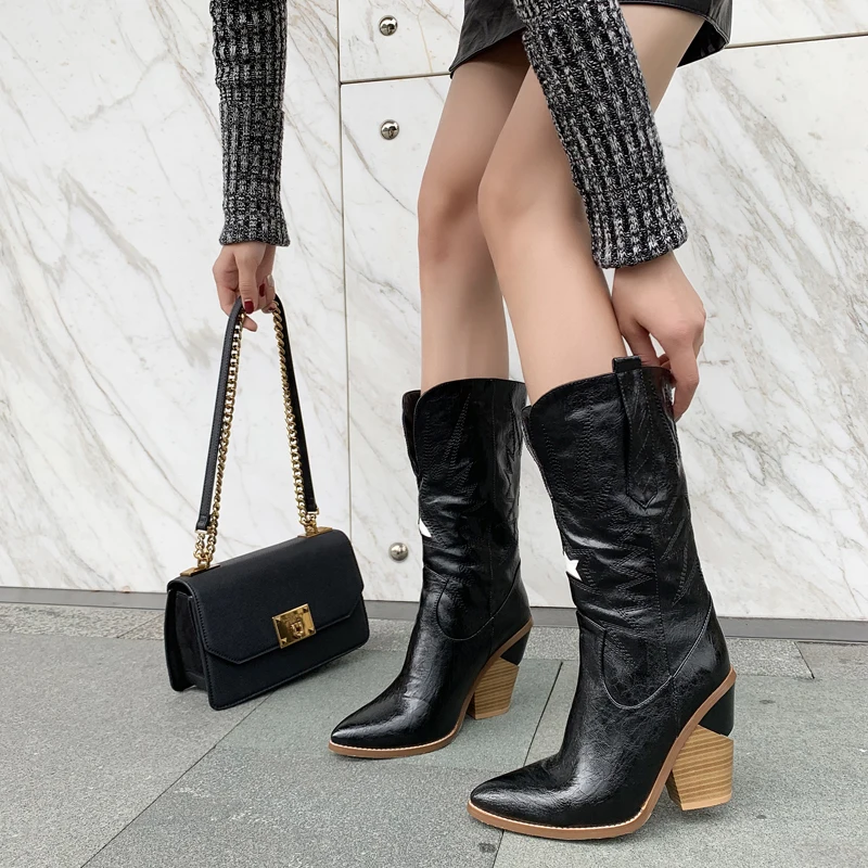 

WETKISS Western Boots Women Mid-Calf Boot Shoes Female Pointed Toe Wood High Heels Shoes Ladies Cowboy Shoes Winter Plus Size 44