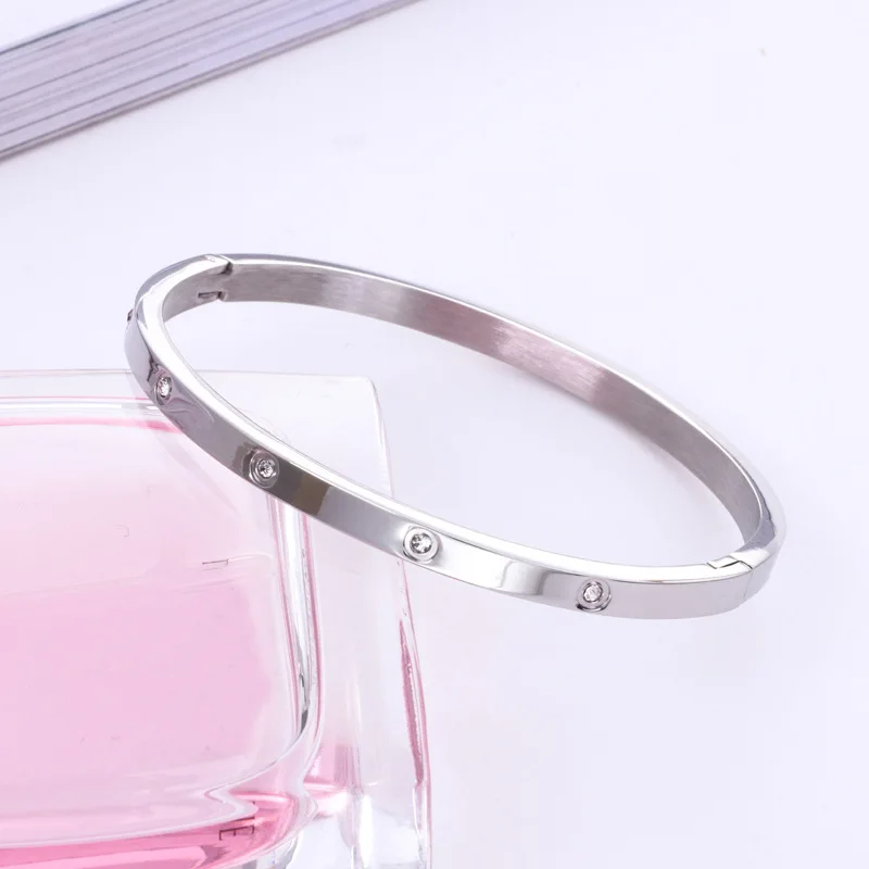 HFYK 2019 full cubic zirconia bangles for women rose gold color stainless steel bracelets pulseira feminina | Украшения и