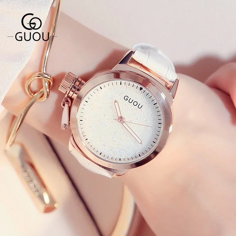 GUOU простой Стиль Гонконг Марка Натуральная кожа кварцевые наручные часы для