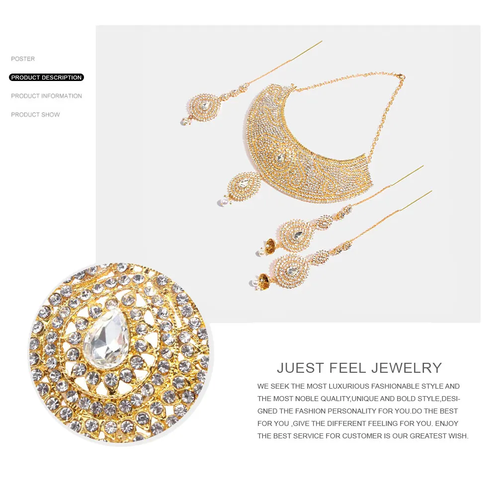 JUST FEEL Dubai Crystal Gold Color Jewelry Sets African Wedding Bridal Imitation Pearl Water Drop New Necklace Earring Headdress | Украшения